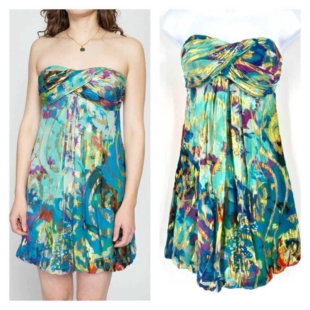 Y2K Cache Gold Metallic Strapless Mini‎ Dress Blue Silk Sz 0 XS Coquette Shimmer